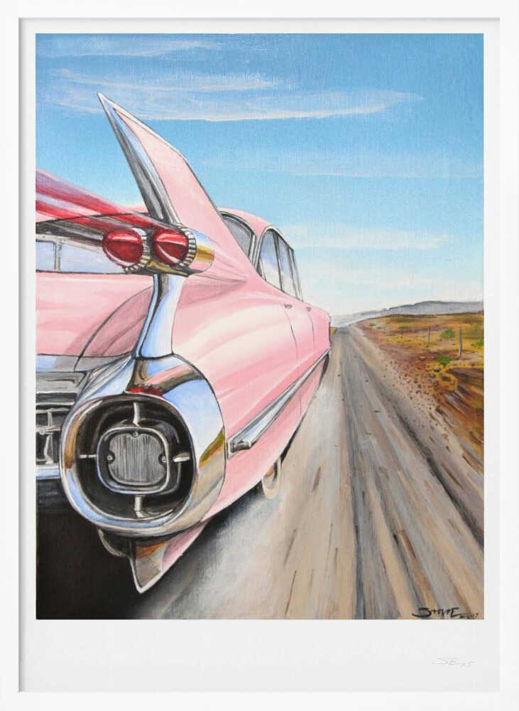 Pink Car Open Road Art Print UK — Vintage Vibrant Wall Art — Living Room — Wall It All Prints