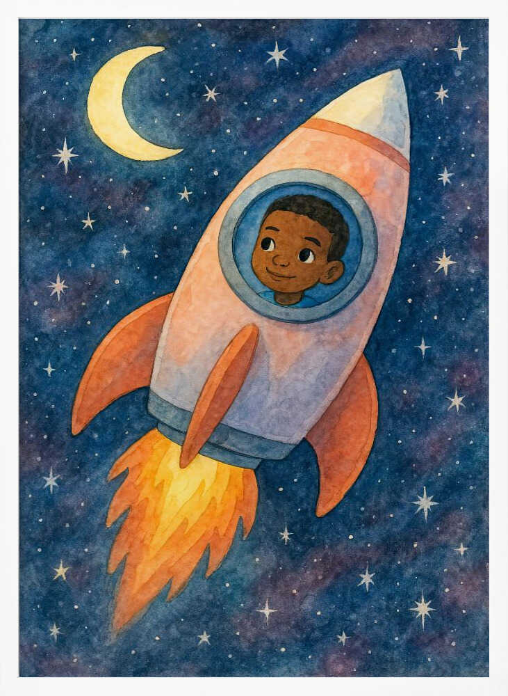 Child rocket flying through space