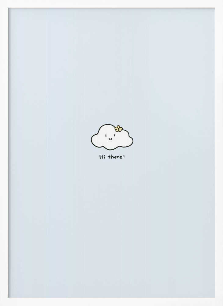 Framed Cute Cloud Hi There nursery print displayed in a soft neutral baby room.