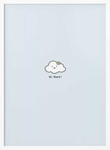 Framed Cute Cloud Hi There nursery print displayed in a soft neutral baby room.