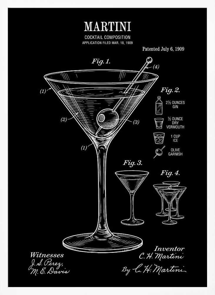 Classic Martini Patent Drawing Art Print UK — Vintage Dark Wall Art — Kitchen — Wall It All Prints