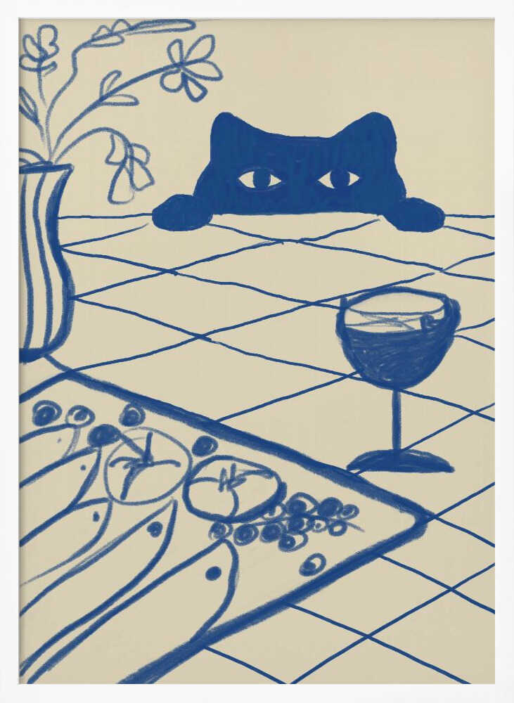 Curious Blue Cat Dinner Art Print UK — Botanical Vibrant Wall Art — Kitchen — Wall It All Prints