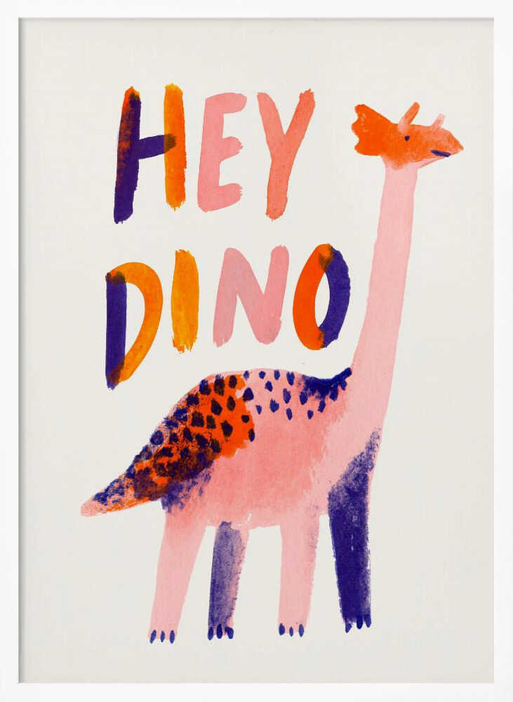 Framed Hey Dino Illustration print displayed in a bright, playful nursery.