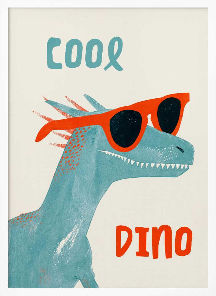 Framed Cool Dino dinosaur print displayed in a playful kids bedroom.