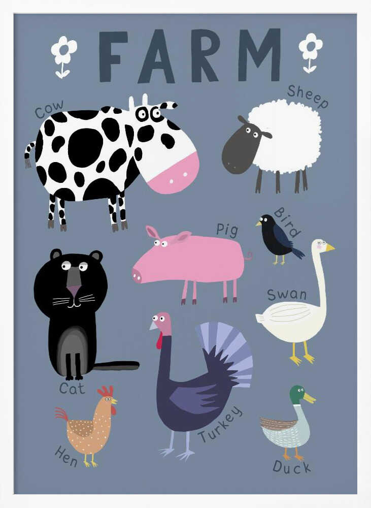 Framed Whimsical Farm Animals nursery print displayed in a rustic-style playroom.