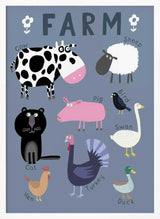 Framed Whimsical Farm Animals nursery print displayed in a rustic-style playroom.