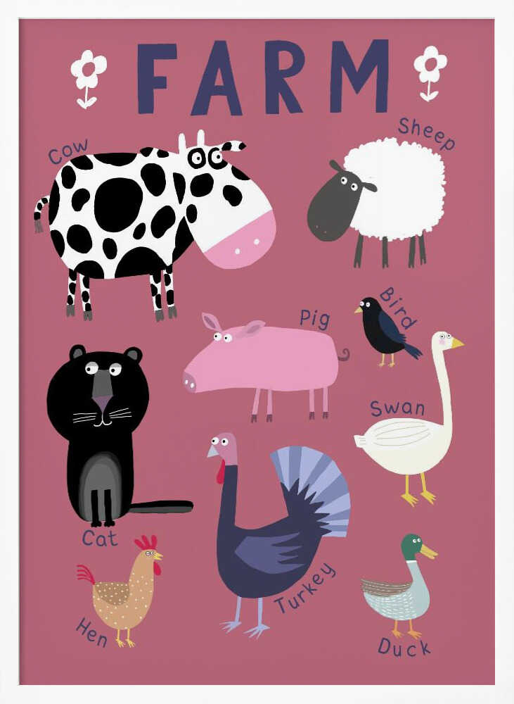 Framed Cute Farm Animals nursery print displayed in a countryside-themed playroom.