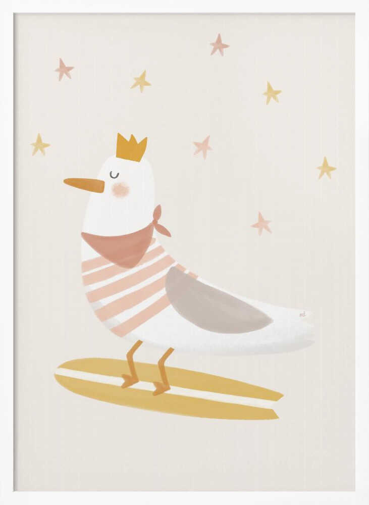 Framed Seagull Surfer Prince bird nursery print displayed in a coastal baby room.