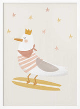 Framed Seagull Surfer Prince bird nursery print displayed in a coastal baby room.