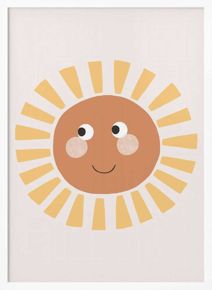 Framed Happy Smiling Sun nursery print displayed in a boho-style baby room.
