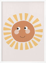 Framed Happy Smiling Sun nursery print displayed in a boho-style baby room.