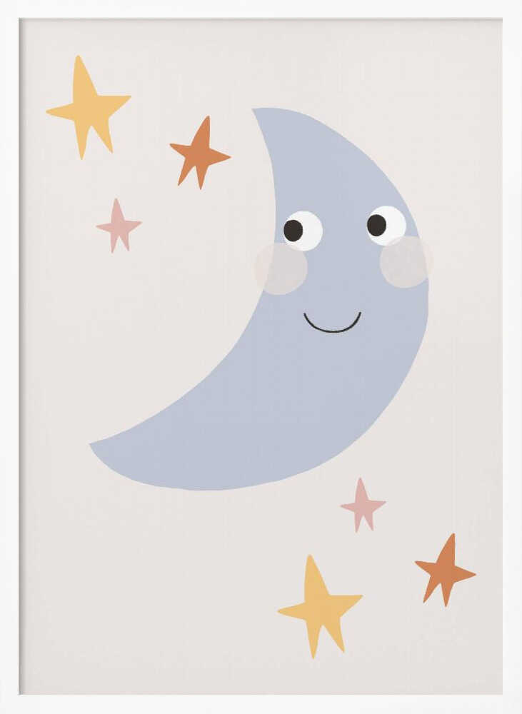 Framed Sweet Moon And Stars nursery print displayed above a cot in a calm baby room.