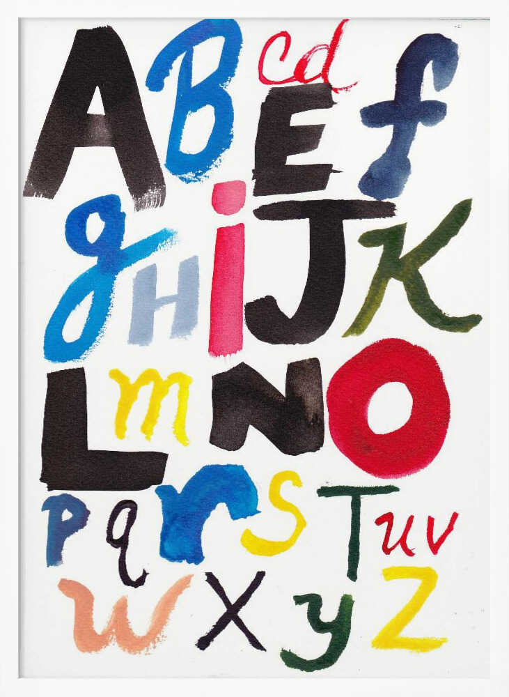Framed Vibrant Painted Alphabet print displayed in a colourful playroom.