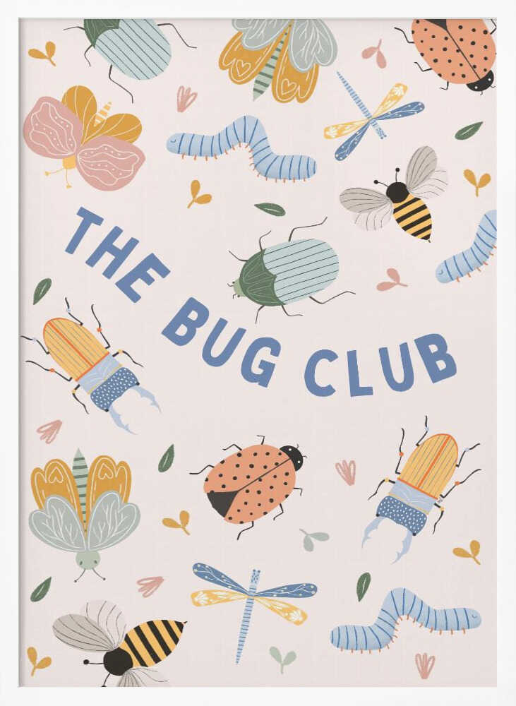 Framed The Bug Club animal nursery print displayed in a bright playroom.