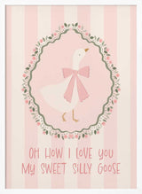 Framed Sweet Silly Goose bird nursery print displayed in a soft pink baby room.