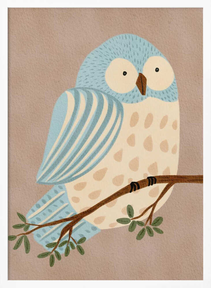 Framed Whimsical Blue Owl bird nursery print displayed in a woodland-themed nursery.