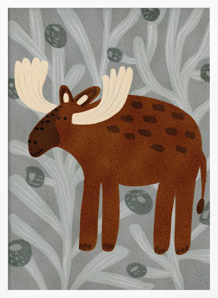 Framed Cute Woodland Moose print displayed in a Scandinavian-style nursery.