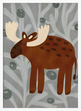 Framed Cute Woodland Moose print displayed in a Scandinavian-style nursery.
