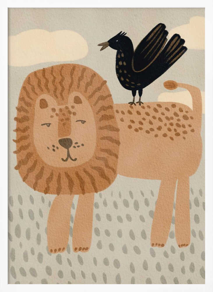 Framed Friendly Lion And Bird safari nursery print displayed in a calm baby room.