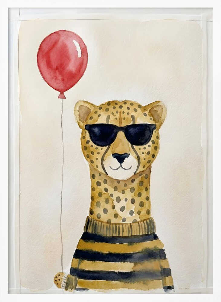 Framed Cool Cheetah Balloon animal nursery print displayed in a playful baby room.