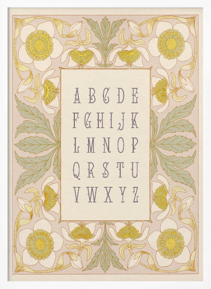 Framed Elegant Floral Alphabet print displayed in a vintage botanical nursery.