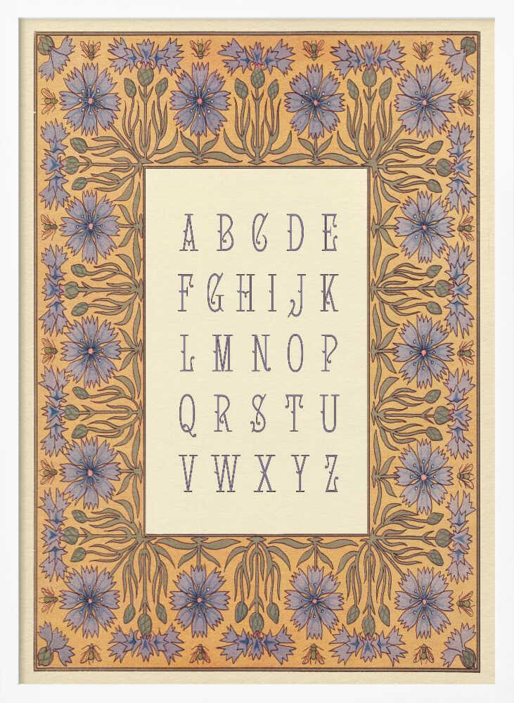 Framed Elegant Botanical Alphabet print displayed in a vintage-style nursery.