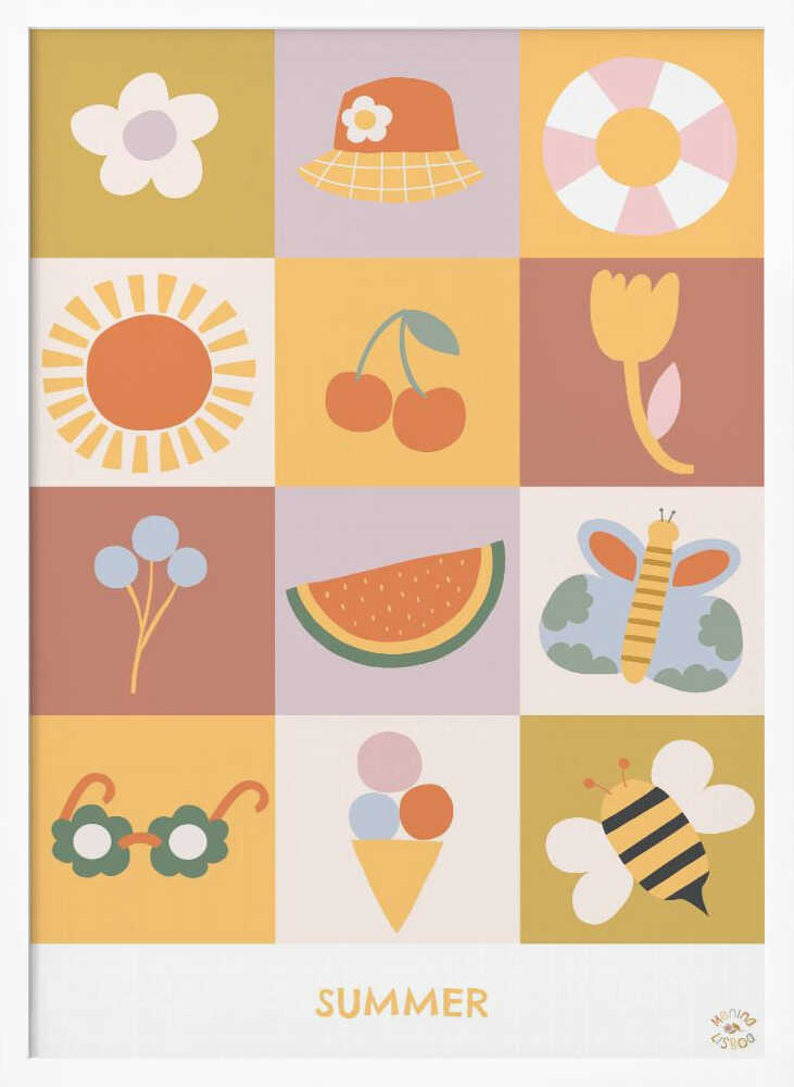 Framed Happy Summer Elements nursery print displayed in a bright, colourful playroom.