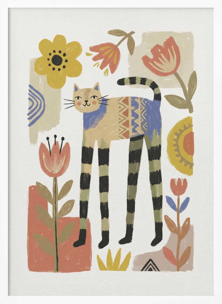 Framed Whimsical Folk Cat animal nursery print displayed in a bohemian nursery.