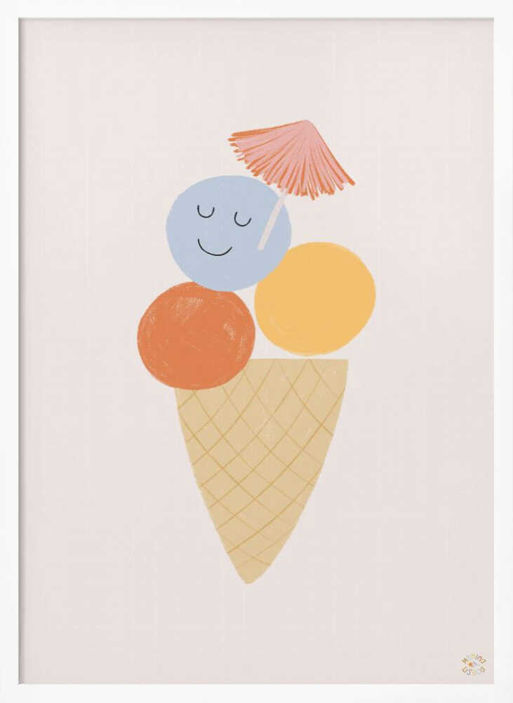 Framed Happy Ice Cream Treat kids wall art print displayed in a playroom.