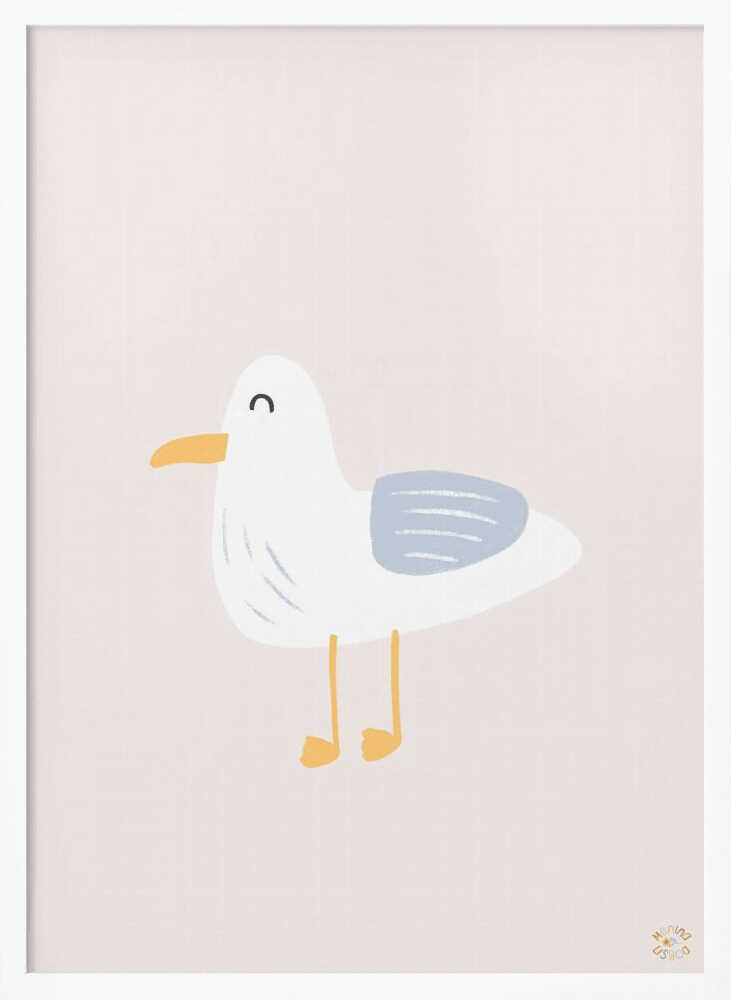 Framed Happy Little Seagull bird nursery print displayed in a coastal nursery.