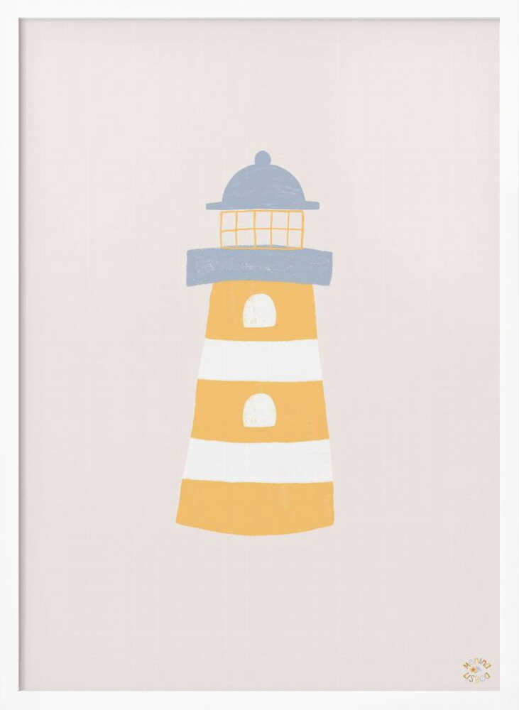 Framed Coastal Striped Lighthouse nursery print displayed in a coastal-themed baby room.