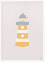 Framed Coastal Striped Lighthouse nursery print displayed in a coastal-themed baby room.