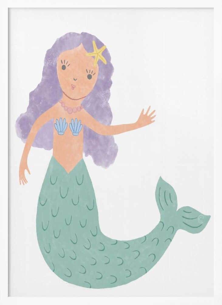 Framed Sweet Little Mermaid ocean nursery print displayed in a pastel baby room.