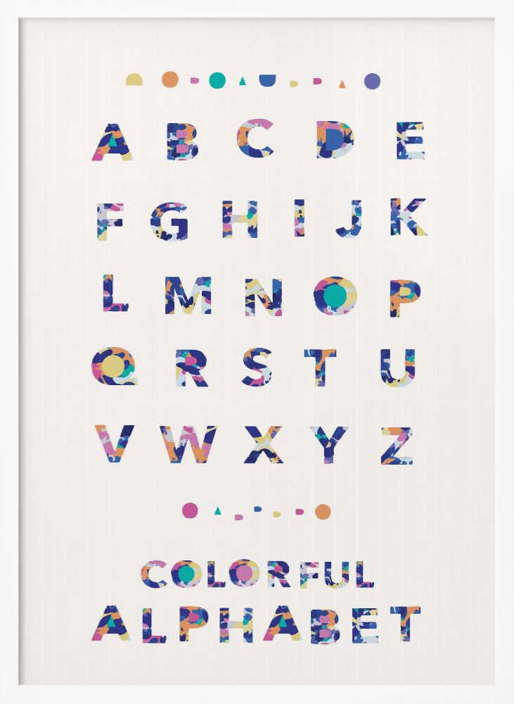 Framed Colorful Abstract Alphabet print displayed in a playroom setting.