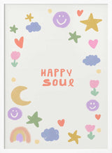 Framed Cute Happy Soul nursery wall art displayed in a modern Scandinavian baby room.