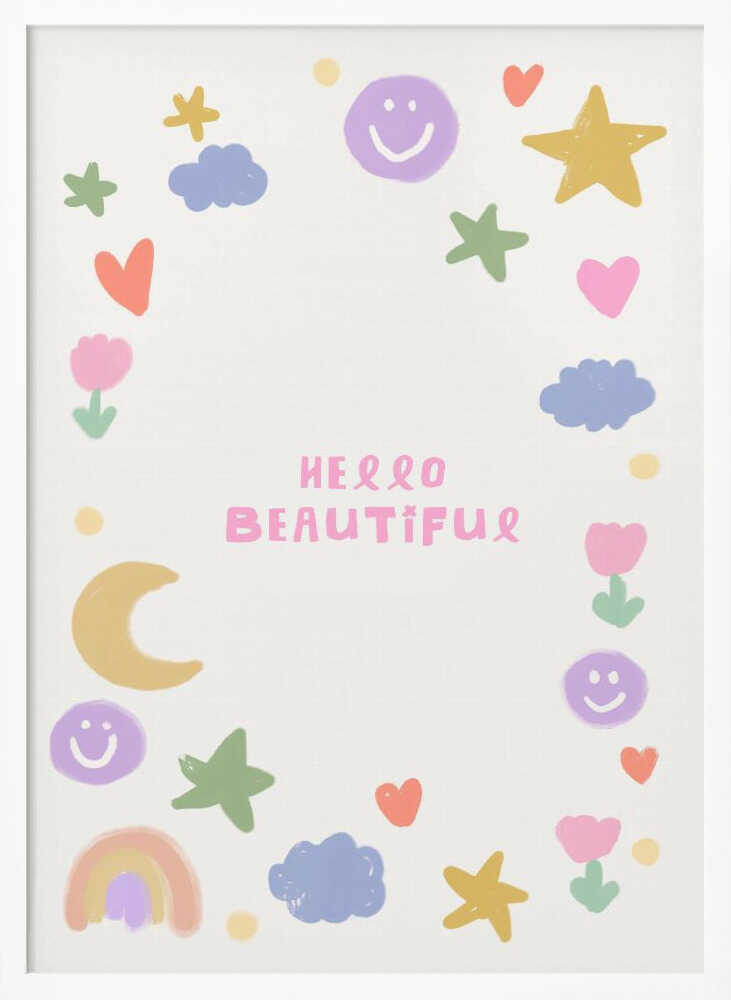 Framed Hello Beautiful Whimsical nursery print displayed in a soft pastel baby room.