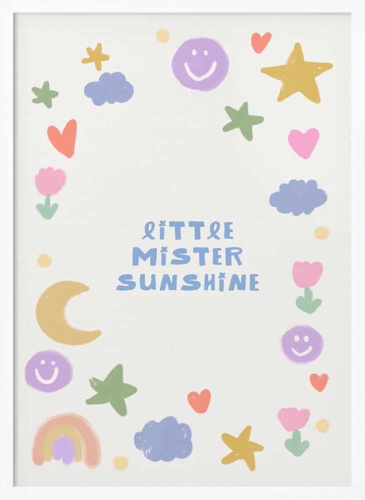 Framed Little Mister Sunshine nursery print displayed above a changing table.