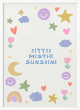 Framed Little Mister Sunshine nursery print displayed above a changing table.