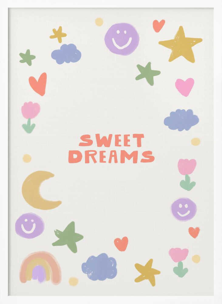 Framed Sweet Dreams Happy Doodles nursery print displayed in a Scandinavian-style nursery.