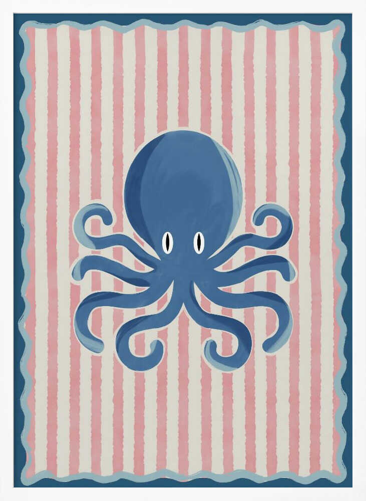 Framed Playful Blue Octopus ocean nursery print displayed in a nautical-themed baby room.