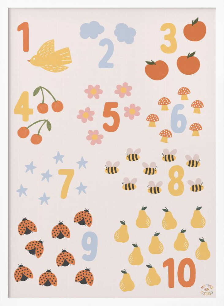 Framed Whimsical Counting Chart educational nursery print displayed in a playroom setting.