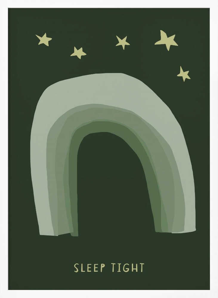 Framed Sleep Tight Stars rainbow nursery wall art print displayed above a cot in a calm baby room.