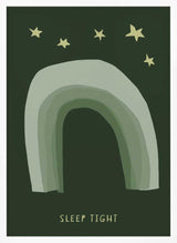Framed Sleep Tight Stars rainbow nursery wall art print displayed above a cot in a calm baby room.