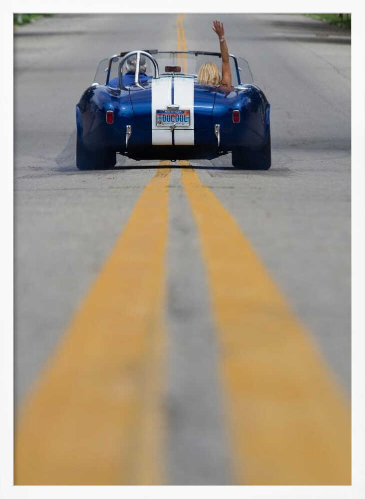 Blue Roadster Waving Drive Art Print UK — Portrait Vibrant Wall Art — Living Room — Wall It All Prints