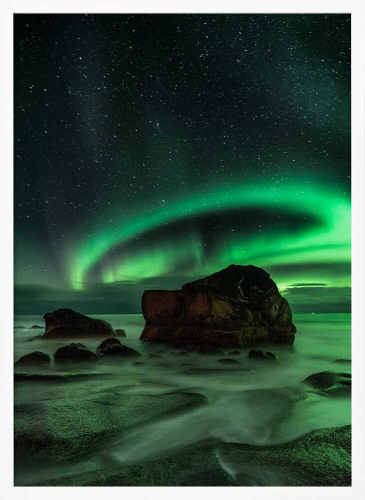 Green Aurora Ocean Rocks Art Print UK — Dark Moody Calm Wall Art — Bedroom — Wall It All Prints
