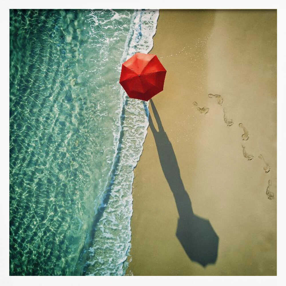 Red Umbrella Beach Walk Art Print UK — Dark Moody Vibrant Wall Art — Bedroom — Wall It All Prints