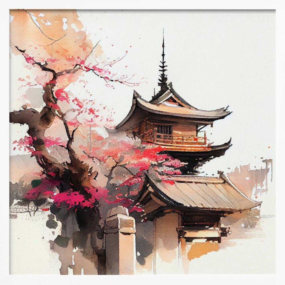 Cherry Blossom Pagoda Art Print UK — Japanese Vibrant Wall Art — Living Room — Wall It All Prints