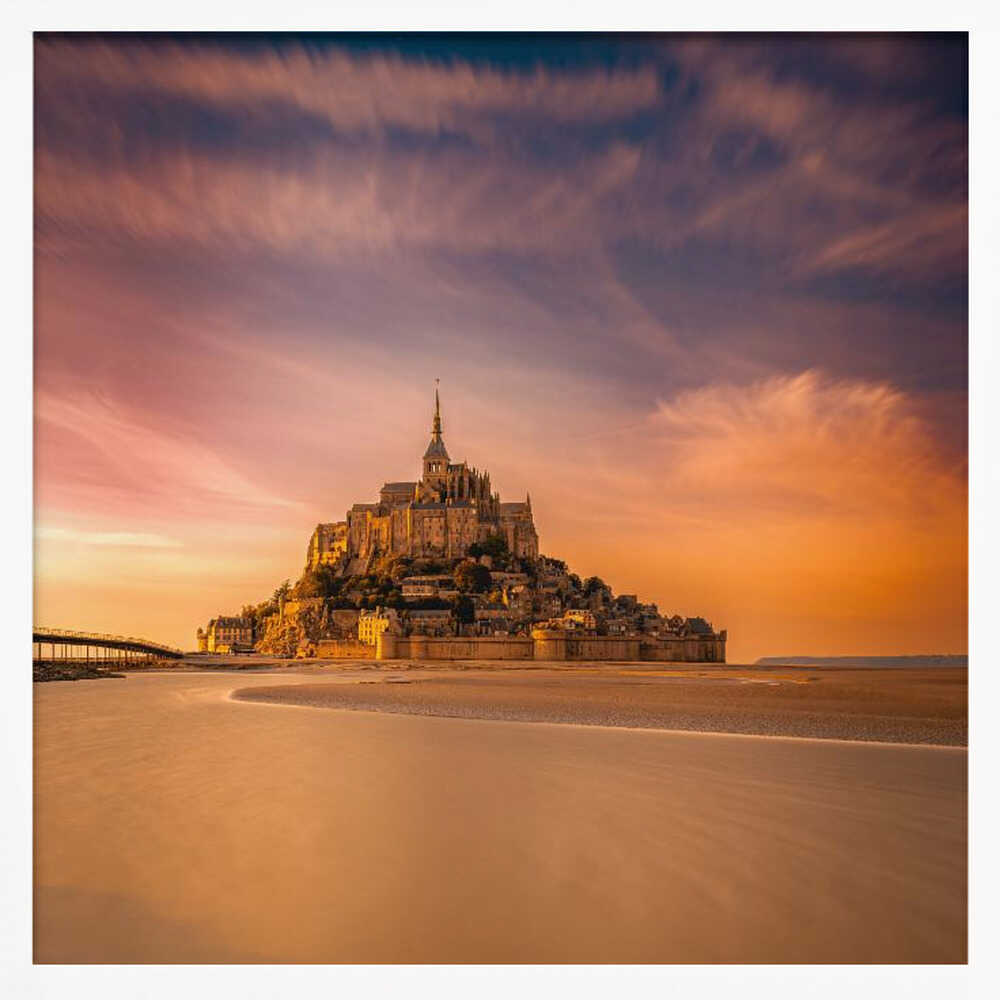 Mont Saint-Michel Sunset Glow Art Print UK — Dark Moody Warm Wall Art — Living Room — Wall It All Prints