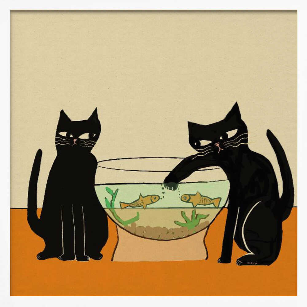 Mischievous Cat And Fish Art Print UK — Botanical Dark Wall Art — Living Room — Wall It All Prints