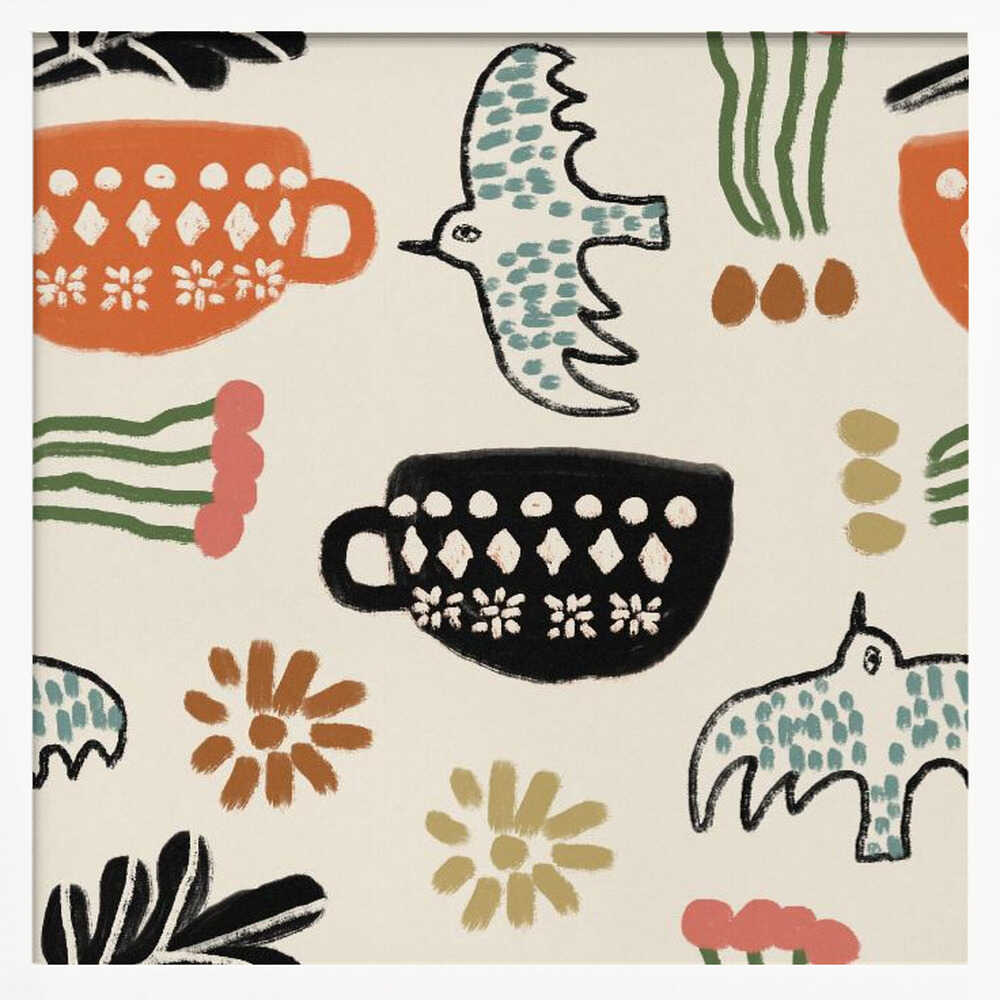Nordic Folk Cups And Birds Art Print UK — Botanical Dark Wall Art — Kitchen — Wall It All Prints
